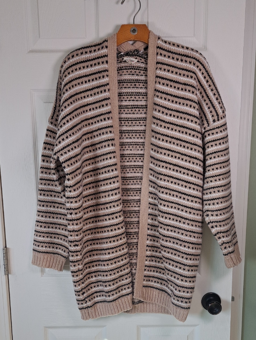 BiBi Oversized Chunky Cozy Striped Open Front Knit Long Cardigan Sweater